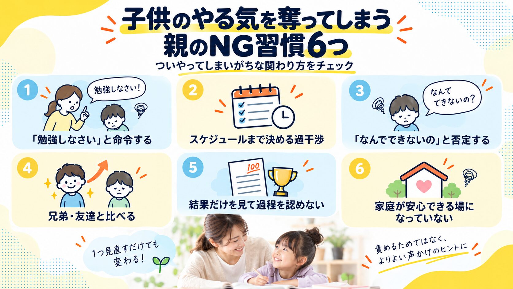 子供のやる気を奪ってしまう親のNG習慣6つ
