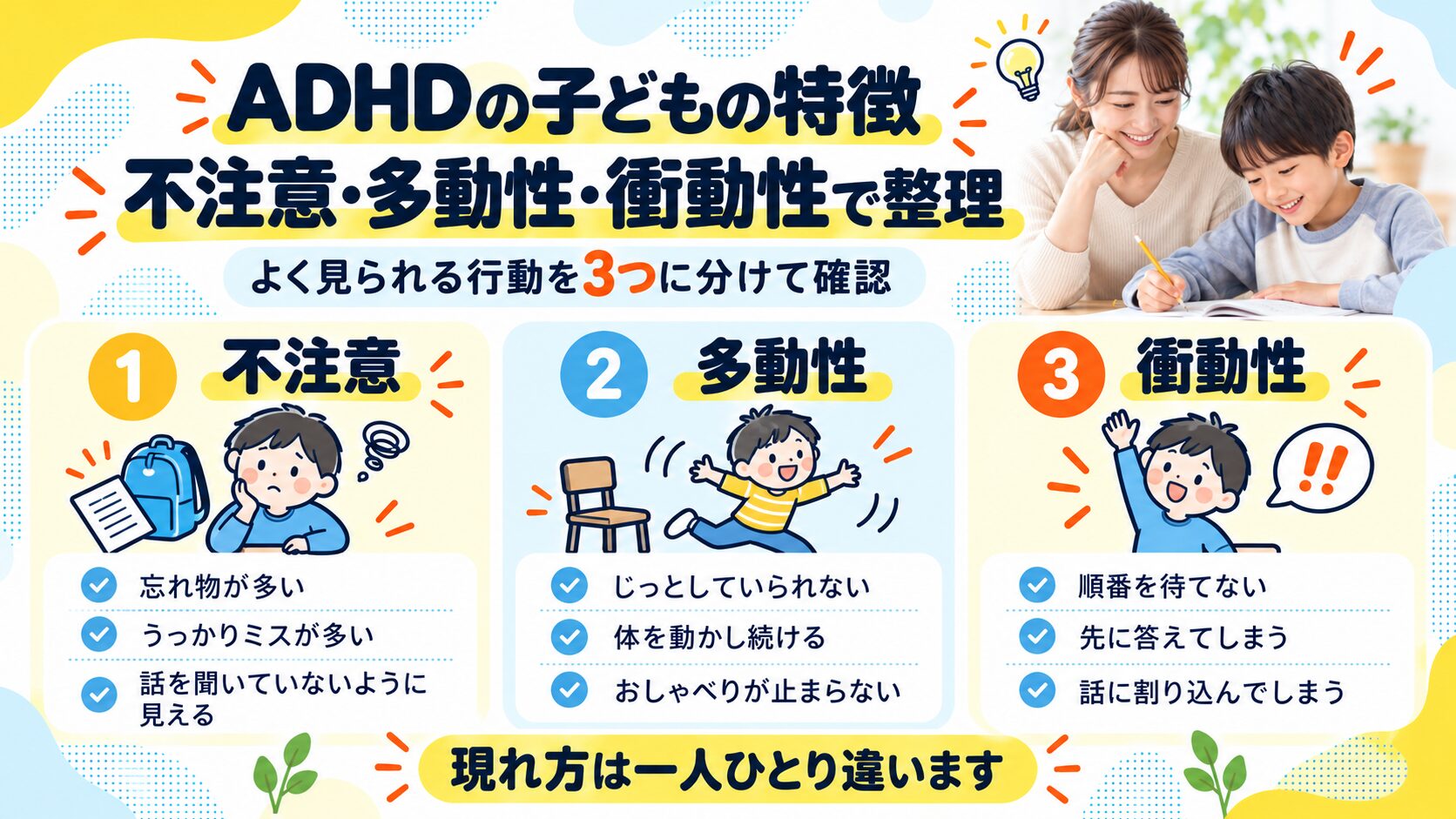 ADHDの子どもの特徴｜よく見られる行動を不注意・多動性・衝動性で解説